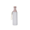A drink bottle in grey and pink, featuring a slim design with a stylish cap and a carry strap. It has a logo.