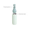 A drink bottle in light green stainless steel with a detachable polypropylene lid, featuring a slim, double wall design.