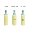 A drink bottle featuring a slim design with a yellow body and light blue lid, displaying various printing styles and logos.