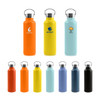 A drink bottle collection featuring insulated stainless steel bottles in orange, yellow, blue, and black, with various logos.