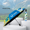 A light mini auto umbrella in blue, yellow, and green patterns, featuring a logo and a compact design.