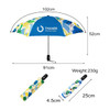 A light mini auto umbrella featuring a blue canopy with colourful patterns, packed in a matching case. Dimensions included.