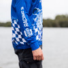A blue long sleeve polyester fishing polo featuring a checkered design and a logo.