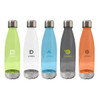 A drink bottle collection featuring five BPA-free Tritan bottles in green, blue, grey, orange, and transparent finishes, each with a metal cap.