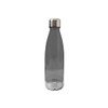 A drink bottle made of translucent grey Tritan with a stainless steel cap and base, featuring a logo.