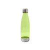 A drink bottle made of translucent green Tritan with a stainless steel cap and base. Features a logo.