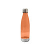 A drink bottle in translucent orange with a silver metallic cap and a logo on the body.