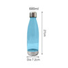 A drink bottle made of translucent blue Tritan, featuring a silver stainless steel base and a height of 27 cm.