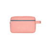 A pink toiletry bag with a handle and a zippered compartment in a sleek design. It features a branding logo.