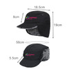 A thickened earflap hat in black with fur lining and a logo, featuring dimensions for size reference.