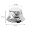 A silver laser glitter bucket hat with a round shape and measurements of 58cm in diameter and 21cm in height.