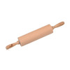 A wooden rolling pin with light tan wood and handles on each end. It features a logo on one handle.