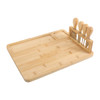 A bamboo cheese board with a rectangular shape and a set of four wooden-handled knives.