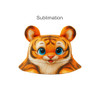 A bucket hat with a vibrant tiger face design, featuring oversized ears and bright blue eyes. It has a logo on it.