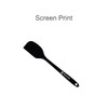 A black spatula with a flat head and a long handle, featuring a logo on the handle.