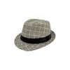 A breathable woven straw hat in brown and white with a black band around the base. It features a patterned design.