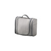 A grey travel storage bag with multiple compartments and zippers, featuring a sturdy handle on top.