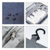 A grey portable hanging travel toiletry bag with zippers, a hook, and waterproof compartments for bottles.