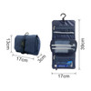 A navy blue folding travel toiletry bag, featuring compartments, a hook, and dimensions displayed for reference.
