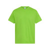A bright green T-shirt with a standard fit, featuring a logo on the label.