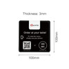 A square black desk tag with a QR code, NFC logo, and branding at the top, measuring 100mm x 100mm.