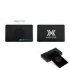 A black metal business card featuring a central NFC chip and branding on both sides.