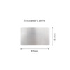 A stainless steel business card with a brushed finish, measuring 85mm by 54mm and 0.8mm thick.