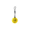 A round yellow NFC tag with a black strap and logo. The tag features a glossy surface.