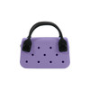 A mini handbag in lavender with black handles and decorative holes. It features a simple, stylish design.