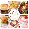 A pack of 100 custom cocktail bamboo skewers in various designs, displayed with colourful food items and a logo.