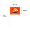 A pack of 100 small orange and white flag labels on wooden sticks, featuring a logo and dimensions indicated.