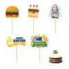 A collection of decorative food picks featuring a hamburger, cake, ice cream, Easter, Australia Day designs, and a round cake.