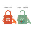 A mini beach bag featuring two designs: one in orange with screen print and another in green with digital UV print.