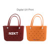 A maroon EVA beach bag with holes and handles next to an orange EVA beach bag with holes and handles, both featuring logos.
