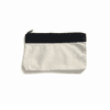 A canvas pencil case in cream and black, featuring a zip closure and a logo on the front.
