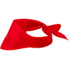 A red bandana with a triangular shape and a tied knot at one end, featuring a simple design.