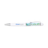 A plastic pen in white featuring a transparent section with colourful floating elements. The pen also has a logo.