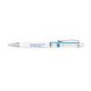 A floating pen featuring a white body, silver accents, and a design element inside. It has a logo and text.