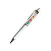 A white plastic pen with a transparent barrel featuring colourful floating objects and a silver clip.
