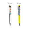 Two floating pens: one with a white body and colourful 3D floating design, and another in yellow with a 2D floating design.