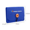 A blue felt essential oil bag with a button closure and a logo. It measures 15 cm by 8.5 cm by 3.5 cm.