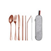 A stainless steel flatware set featuring rose gold utensils, including a spoon, fork, knife, and straws, in a grey case.