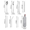A stainless steel flatware set featuring a spoon, fork, knife, straws, and a cleaner, all in silver, with a carrying case.