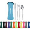 A travel cutlery set in a blue case includes a fork, knife, spoon, and stainless steel straws. Available in various colours.