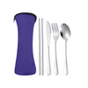 A purple case contains metal cutlery: a fork, knife, spoon, and chopsticks.