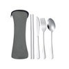 A grey travel pouch containing stainless steel cutlery: chopsticks, knife, fork, and spoon.
