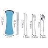 A blue travel cutlery set featuring a case, knife, fork, spoon, and chopsticks, with dimensions provided.