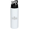 A drink bottle in white with a black cap and straw, featuring a logo design.