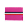 A bright pink felt travel organiser with a striped elastic band in navy, red, and white. It has a logo.