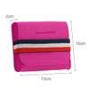 A pink felt travel organiser with a striped elastic band, featuring a compact design measuring 13cm by 10cm.